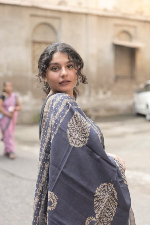 Handcrafted Block Printed Kosa Silk Dupatta (Blue) - Image 4