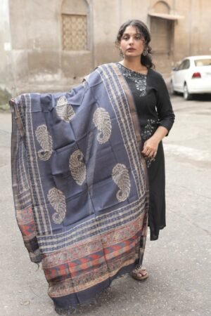Handcrafted Block Printed Kosa Silk Dupatta (Blue)