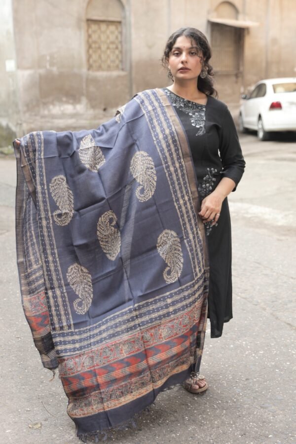 Handcrafted Block Printed Kosa Silk Dupatta (Blue)