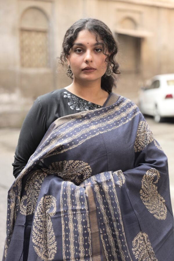 Handcrafted Block Printed Kosa Silk Dupatta (Blue) - Image 5