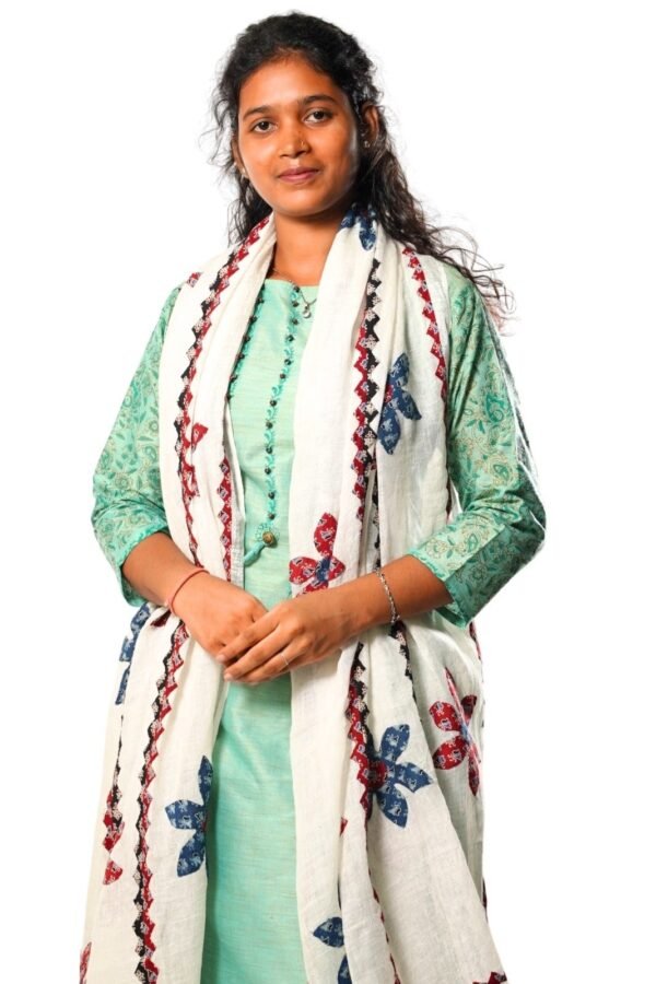 Handmade Pure Linen Applique Cut Work Dupatta (White)