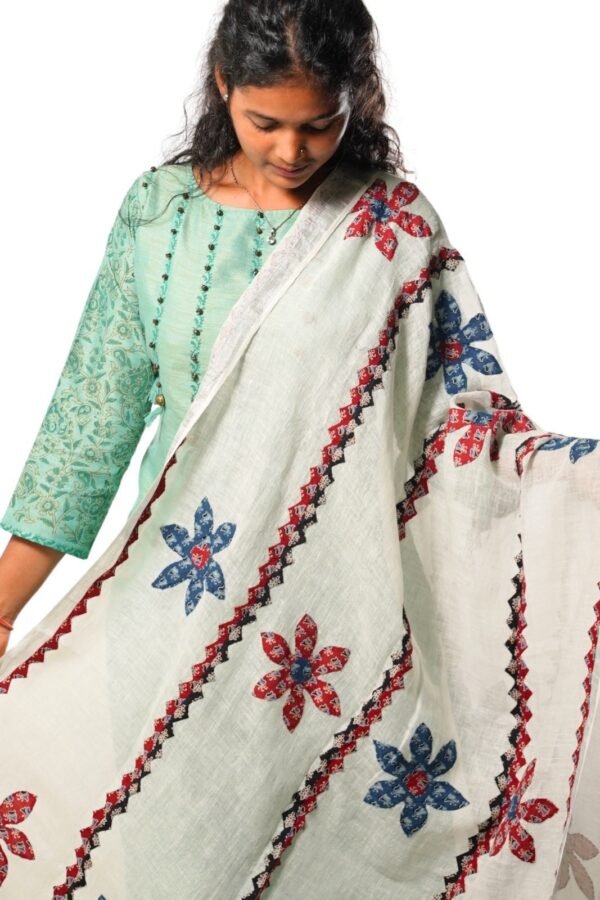 Handmade Pure Linen Applique Cut Work Dupatta (White) - Image 3