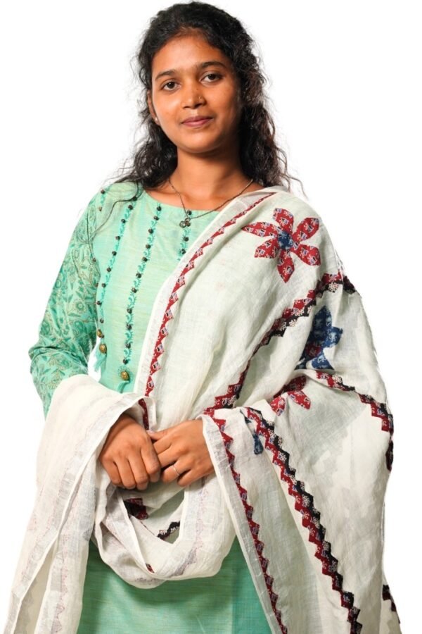 Handmade Pure Linen Applique Cut Work Dupatta (White) - Image 5