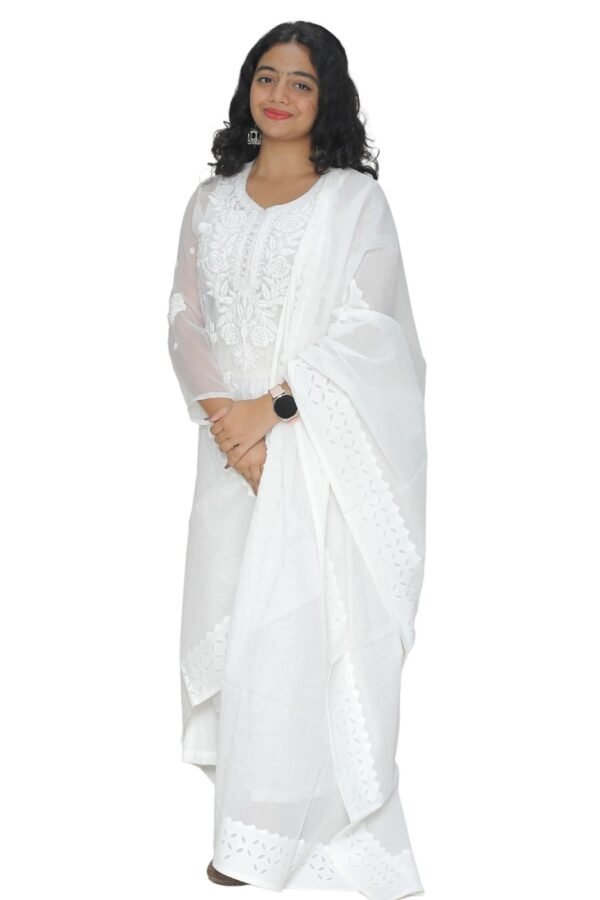 Applique Work Hand Made Organdi Dupatta (White) - Image 2