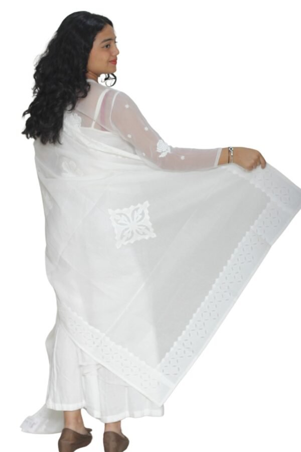 Applique Work Hand Made Organdi Dupatta (White) - Image 3