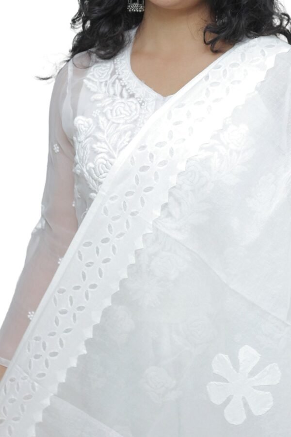 Applique Work Hand Made Organdi Dupatta (White) - Image 4