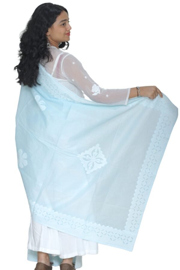 Applique Work Hand Made Organdi Dupatta (blue) - Image 3