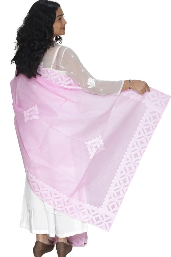 Applique Work Hand Made Organdi Dupatta (Pink) - Image 3