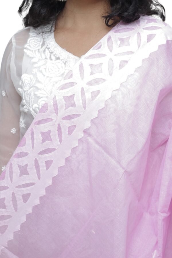 Applique Work Hand Made Organdi Dupatta (Pink) - Image 5