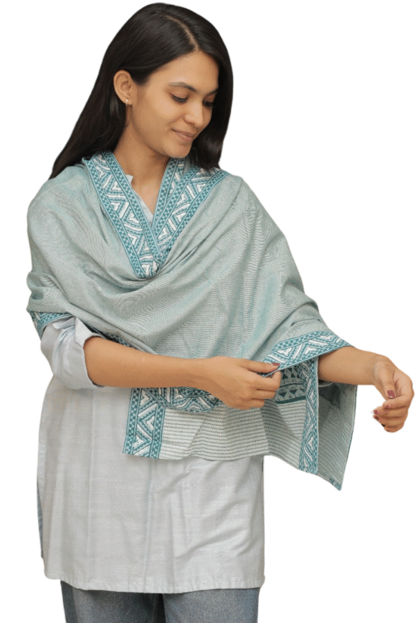 Warli Handpainted Cotton Dupatta (Blue & Grey) - Image 3