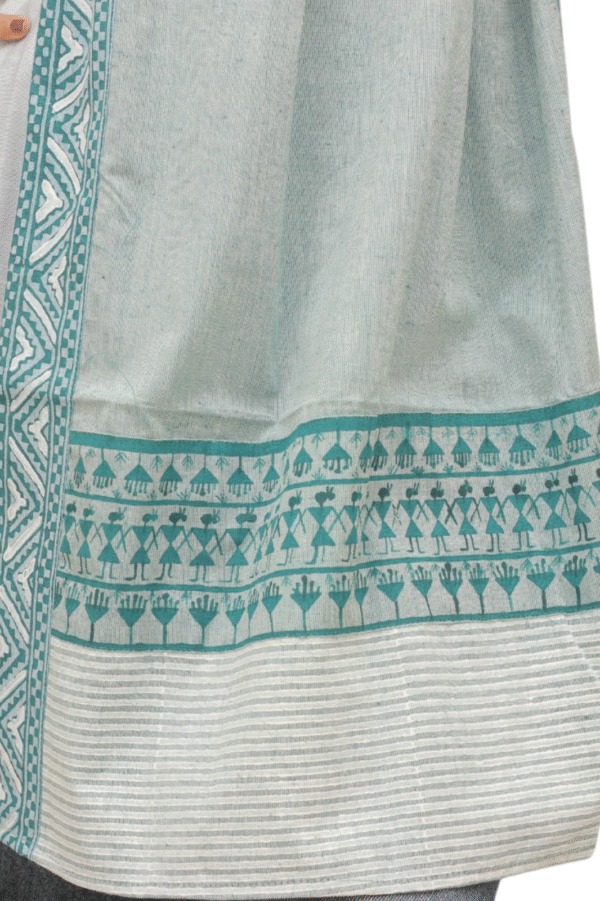 Warli Handpainted Cotton Dupatta (Blue & Grey) - Image 4