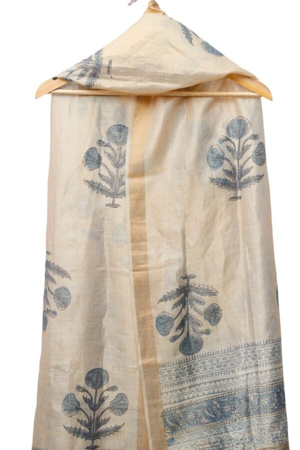 Zari Line Kosa Silk Dupatta with Hand Block Print (Cream) - Image 2