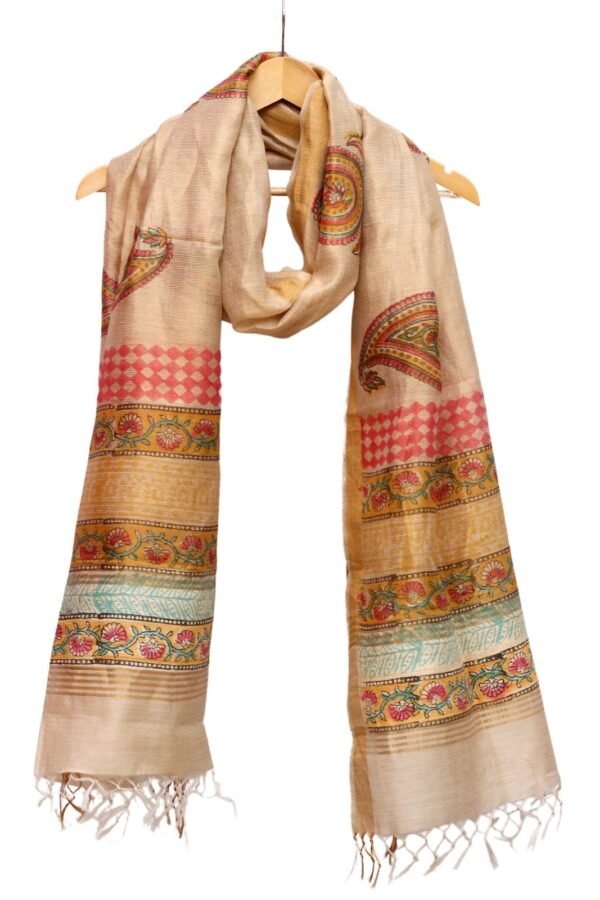 Zari Line Silk Dupatta with Hand Block Print (Cream)
