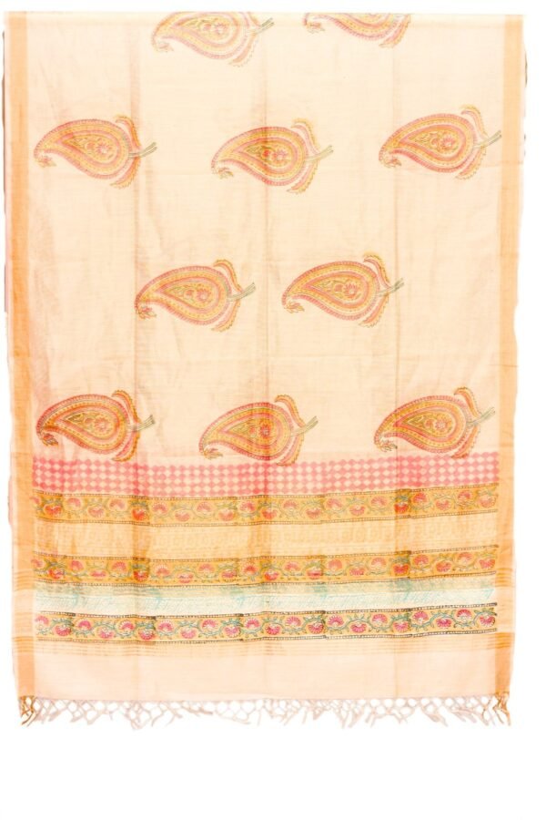 Zari Line Silk Dupatta with Hand Block Print (Cream) - Image 3