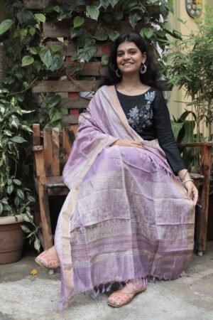 Zari Lining Kosa Silk Dupatta with Hand Block Print (Lavender)