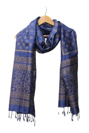 Ghicha Silk Dupatta with Block Print & Contrast Border (Blue)