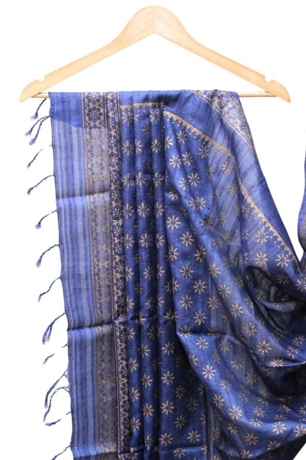 Ghicha Silk Dupatta with Block Print & Contrast Border (Blue) - Image 3