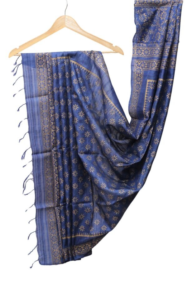Ghicha Silk Dupatta with Block Print & Contrast Border (Blue) - Image 4