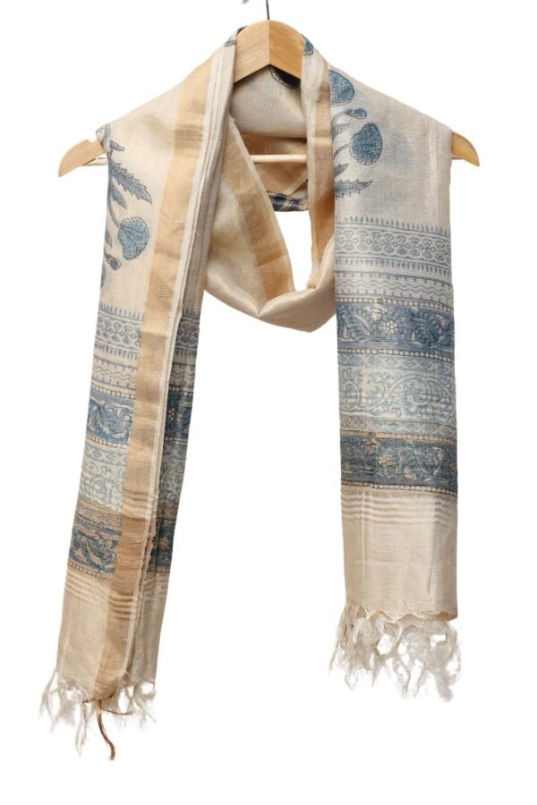 Zari Line Kosa Silk Dupatta with Hand Block Print (Cream)