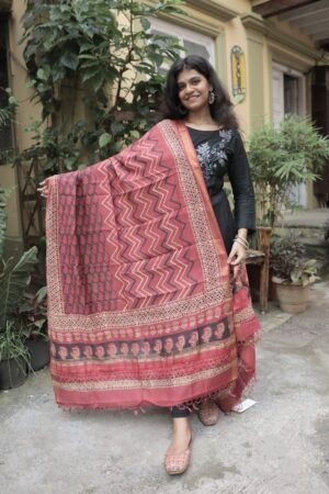 Ghicha Border Kosa Silk Dupatta with Hand Block Print (Maroon)