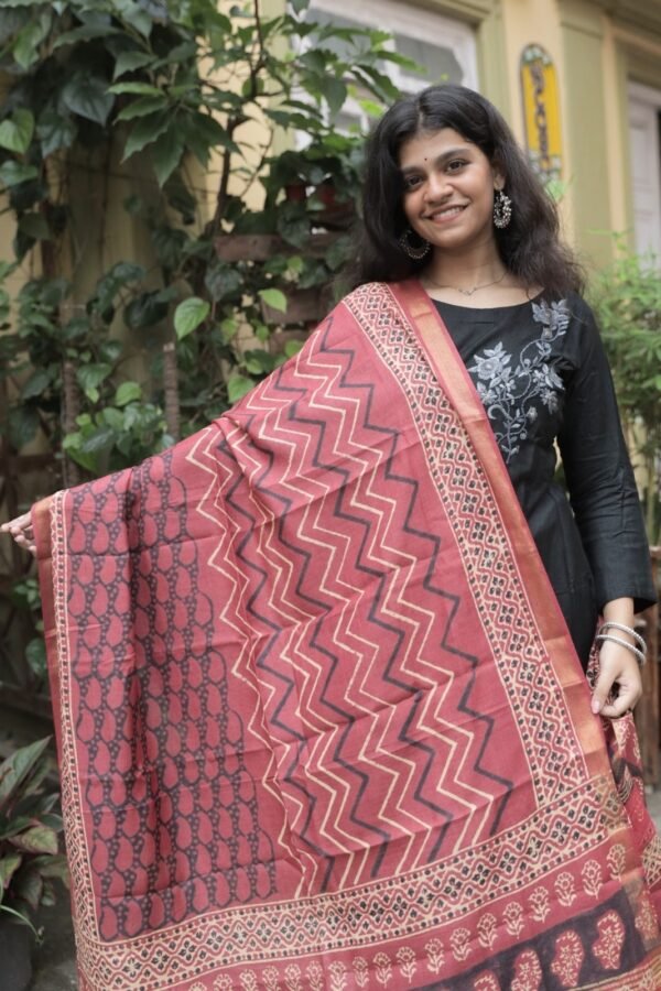 Ghicha Border Kosa Silk Dupatta with Hand Block Print (Maroon) - Image 3