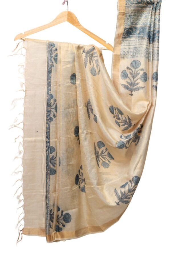 Zari Line Kosa Silk Dupatta with Hand Block Print (Cream) - Image 3
