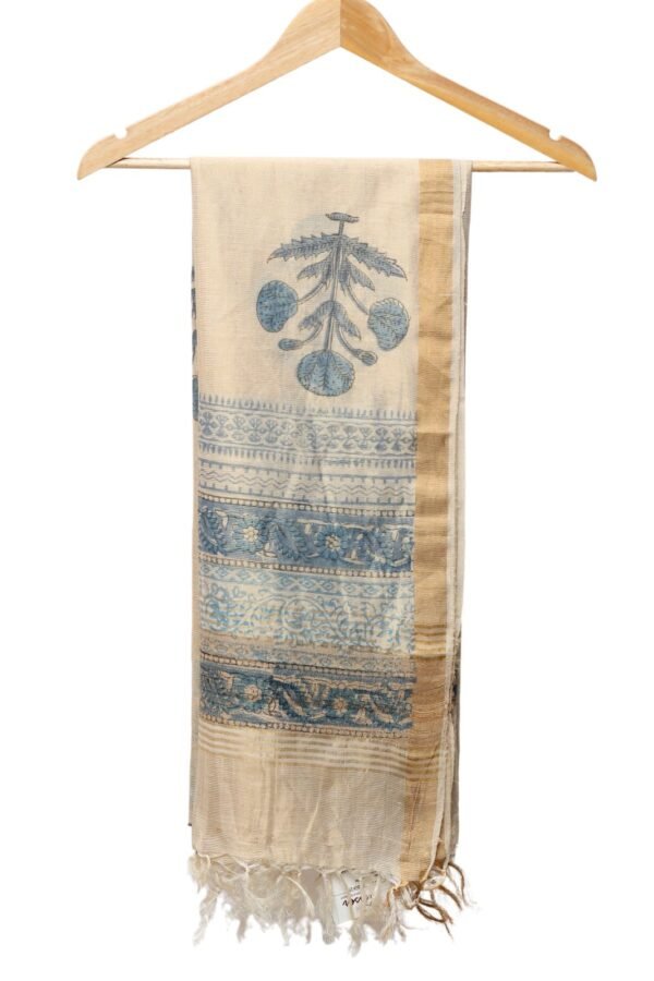 Zari Line Kosa Silk Dupatta with Hand Block Print (Cream) - Image 4