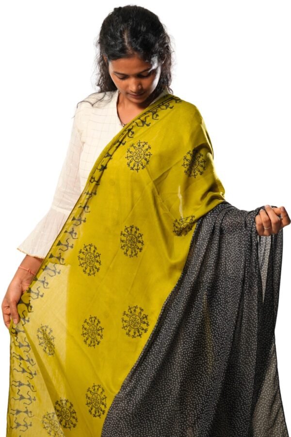 Warli Block Printed Dupatta (Green with Black)