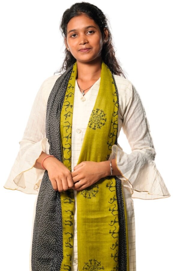 Warli Block Printed Dupatta (Green with Black) - Image 2