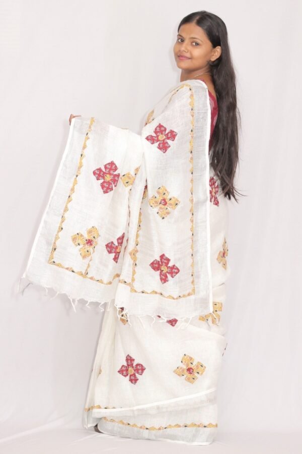 Tisser Linen Applique Cutwork Saree with Blouse Piece (White/Mix) - Image 3
