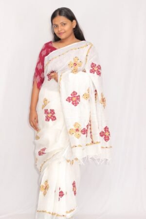 Tisser Linen Applique Cutwork Saree with Blouse Piece (White/Mix)