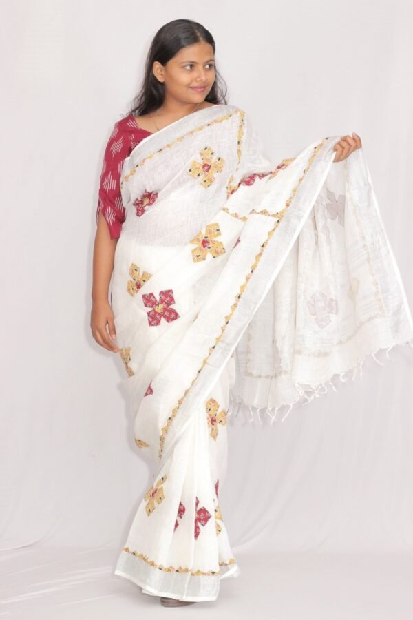 Tisser Linen Applique Cutwork Saree with Blouse Piece (White/Mix) - Image 5