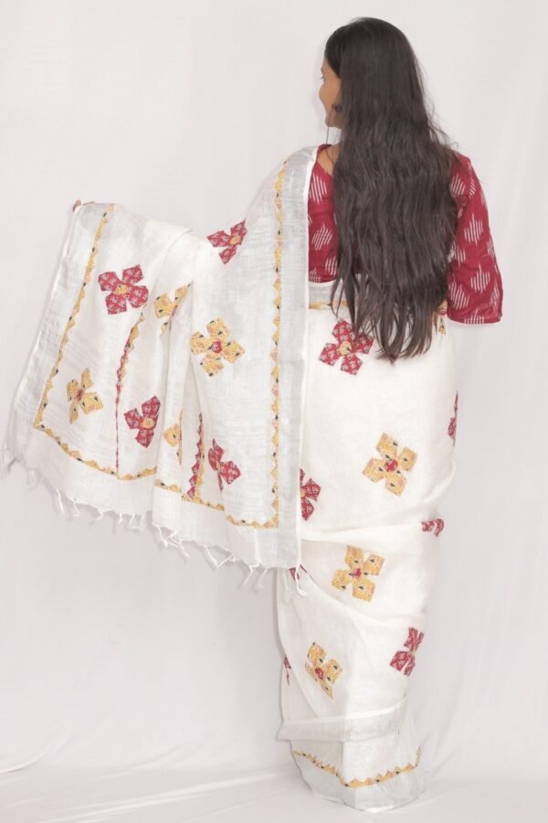 Tisser Linen Applique Cutwork Saree with Blouse Piece (White/Mix) - Image 6