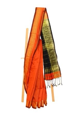 Tisser Handweave Maheshwari Silk Saree with Blouse Piece (Black/Orange)
