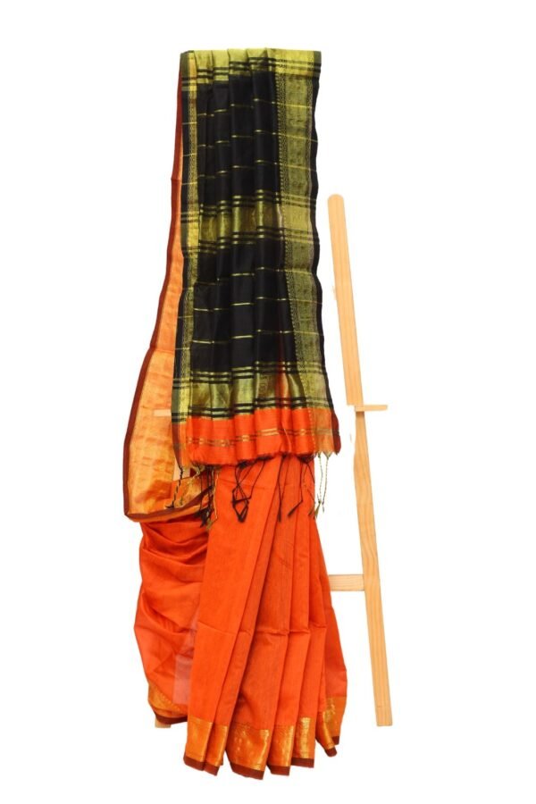 Tisser Handweave Maheshwari Silk Saree with Blouse Piece (Black/Orange) - Image 2