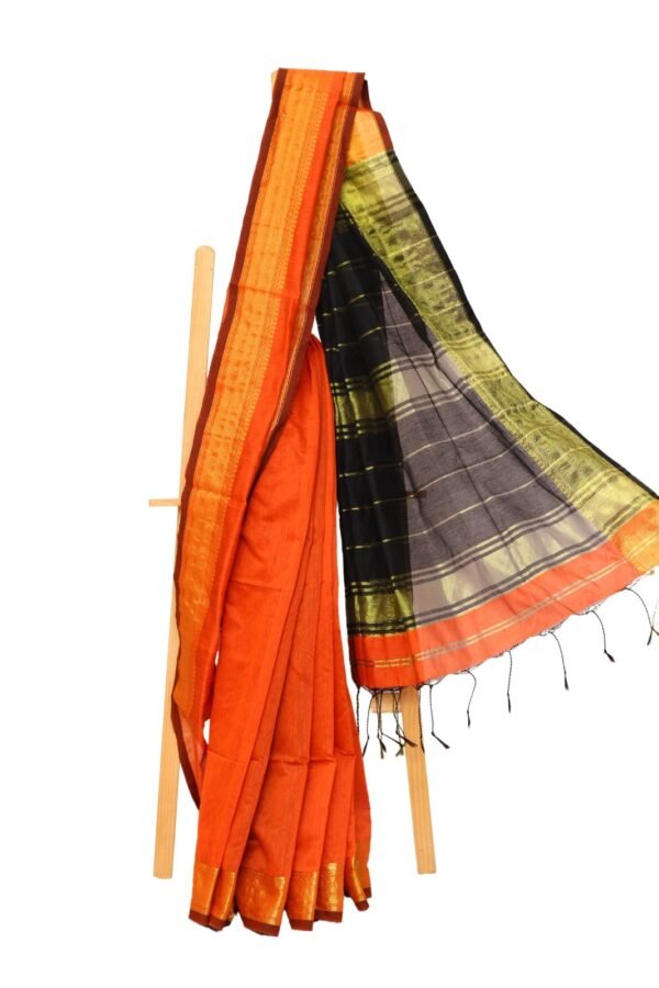 Tisser Handweave Maheshwari Silk Saree with Blouse Piece (Black/Orange) - Image 3