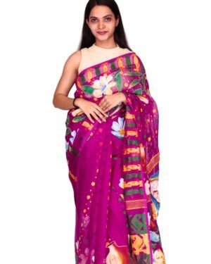 Tisser Jamdani Handpainted Cotton Saree with Blouse Piece (Purple)