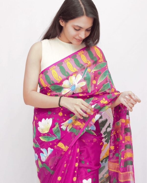 Tisser Jamdani Handpainted Cotton Saree with Blouse Piece (Purple) - Image 5