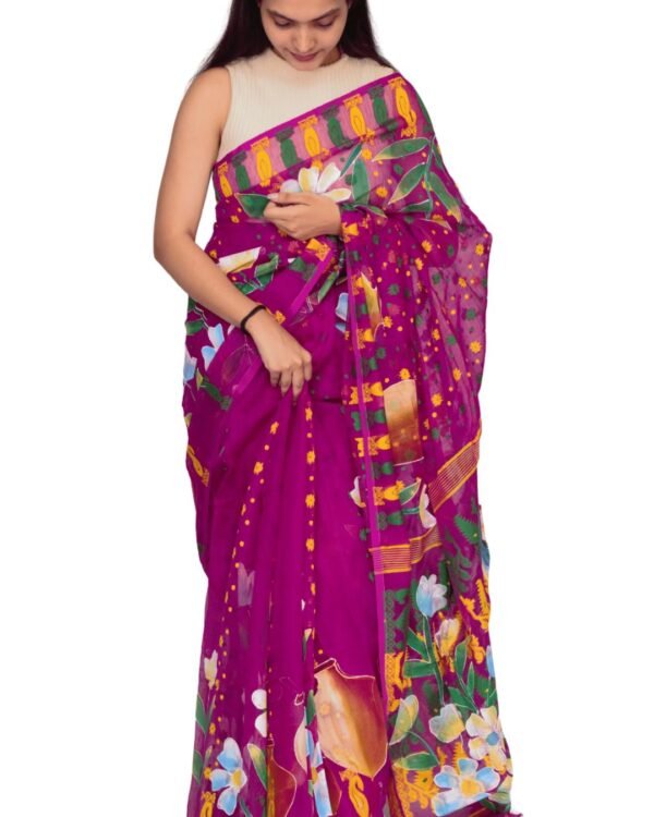 Tisser Jamdani Handpainted Cotton Saree with Blouse Piece (Purple) - Image 3