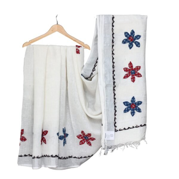 Tisser Applique Work Linen Saree With Blouse Piece (White/mix) - Image 4