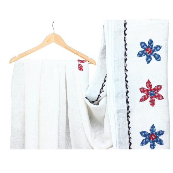 Tisser Applique Work Linen Saree With Blouse Piece (White/mix) - Image 5