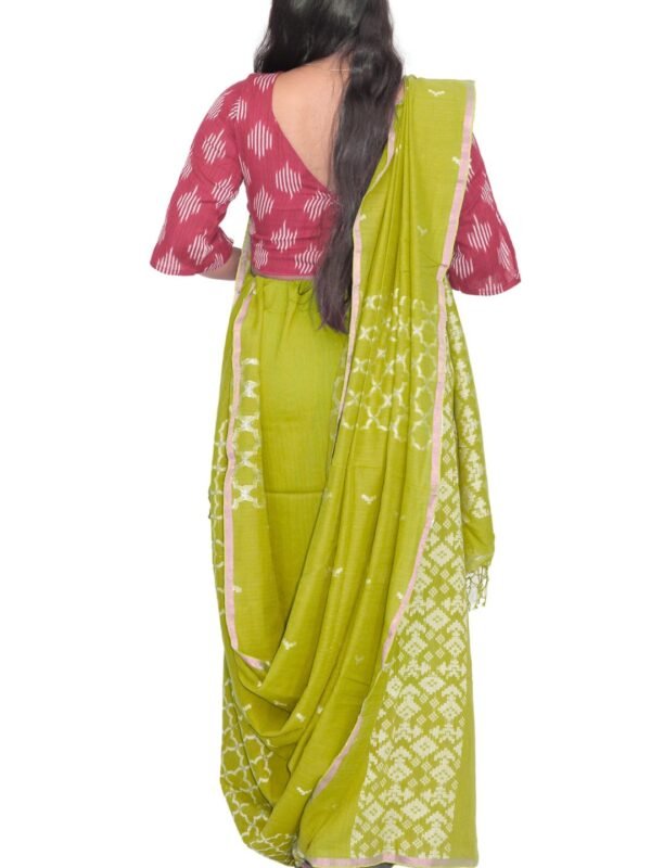Tisser Jacquard Handweave Cotton Saree With Blouse Piece (Green) - Image 2