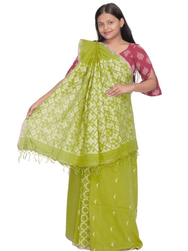 Tisser Jacquard Handweave Cotton Saree With Blouse Piece (Green) - Image 4