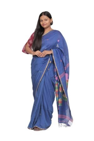 Tisser Handloom Linen Saree with Blouse Piece, Lavender Blue, Warli Painted Design
