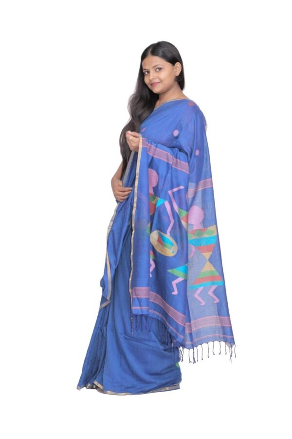 Tisser Handloom Linen Saree with Blouse Piece, Lavender Blue, Warli Painted Design - Image 2