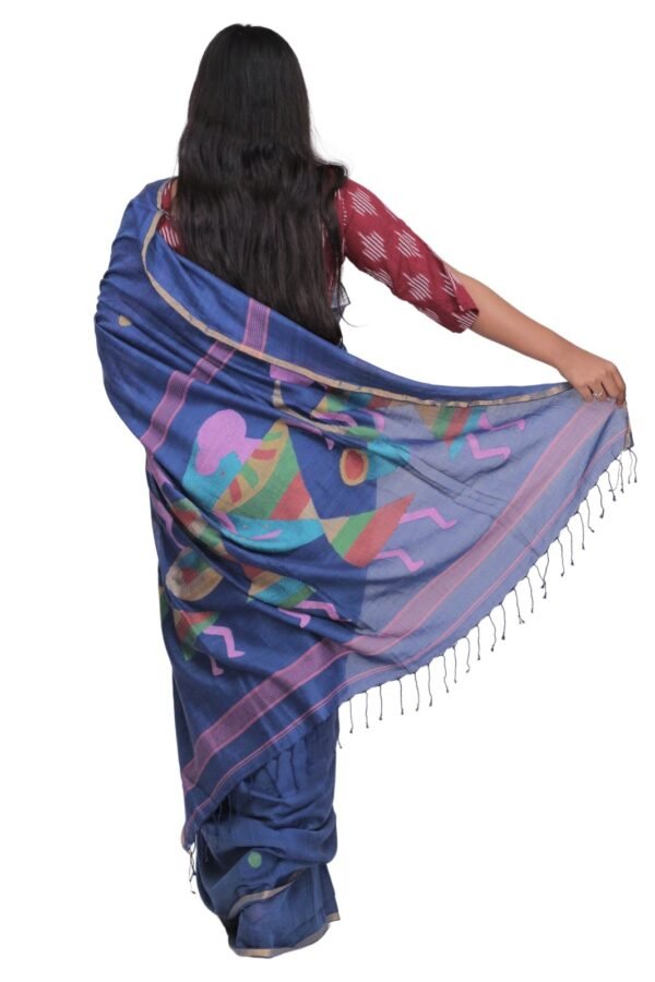 Tisser Handloom Linen Saree with Blouse Piece, Lavender Blue, Warli Painted Design - Image 4