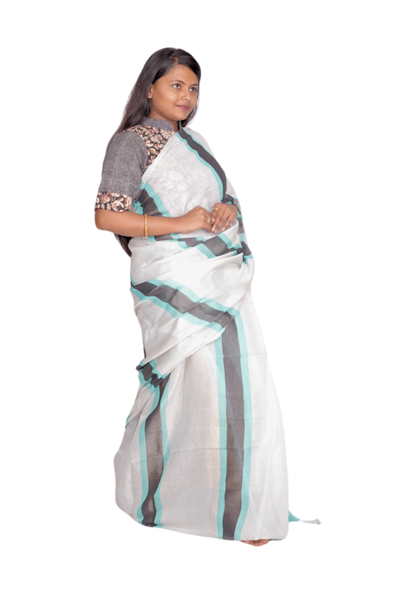 Zari Handweave Tissue Saree with Blouse Piece (Turquoise) - Image 4