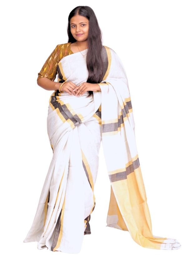 Zari Handweave Tissue Saree with Blouse Piece (Golden) - Image 4