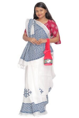 Tisser Linen Applique Cutwork Saree with Blouse Piece (White/Blue)