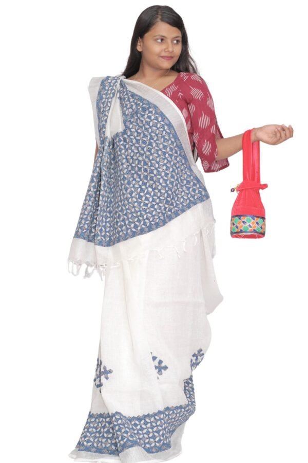 Tisser Linen Applique Cutwork Saree with Blouse Piece (White/Blue) - Image 2